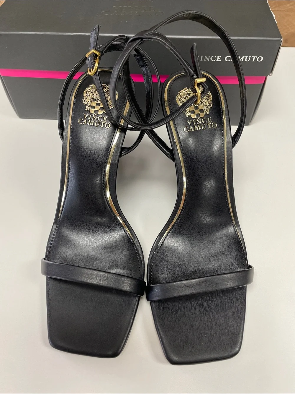 Vince Camuto Black Leather Square-Toe Ankle-Strap Wedges